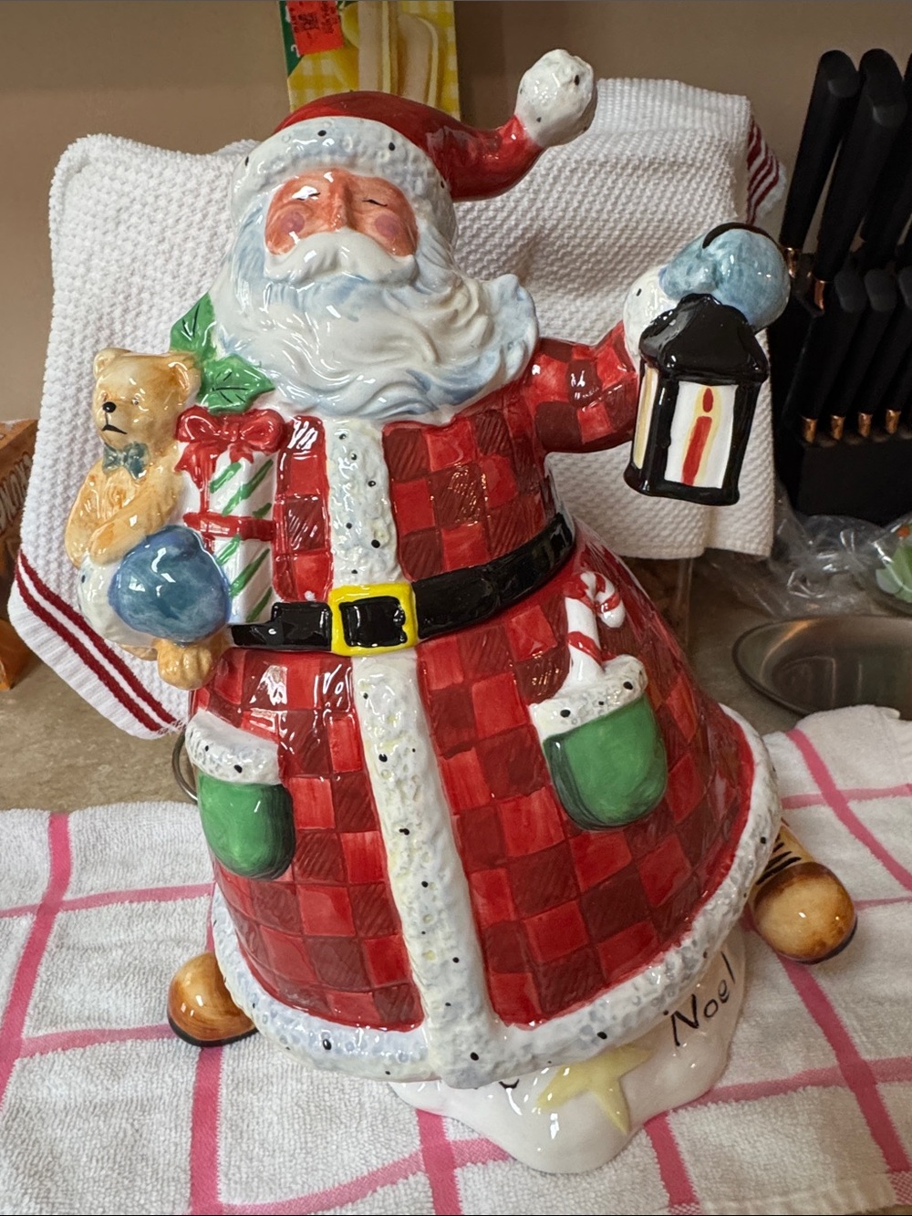 Certified International Red and Green Santa Cookie Jar with Lantern